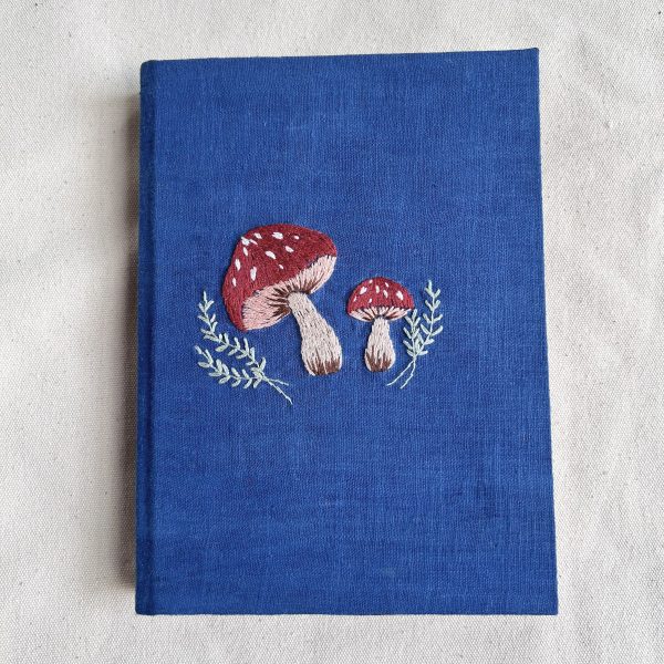 Custom Embroidered Mushroom Notebook A5 and A6, Personalized Diary, Natural Indigo Dyed Fabric Cover Journal with Custom Name
