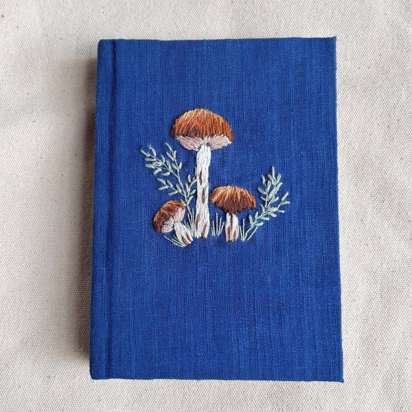 Custom Embroidered Mushroom Notebook - A5 and A6 Sizes, Personalized Diary, Natural Indigo Dyed Fabric Cover Journal