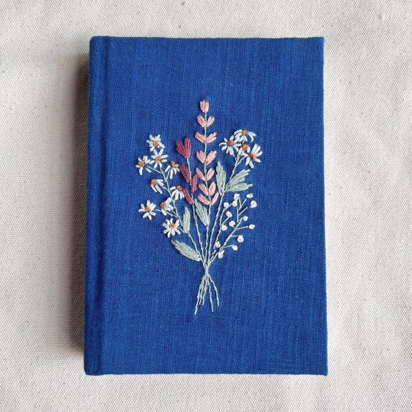 Custom Flower Embroidered Name Notebook A5 and A6, Personalized Diary, Natural Indigo Dyed Fabric Cover Journal
