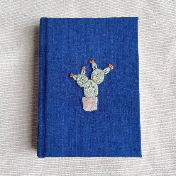Custom Name Embroidered Cactus Notebook A5 and A6, Personalized Diary, Natural Indigo Dyed Fabric Cover Journal
